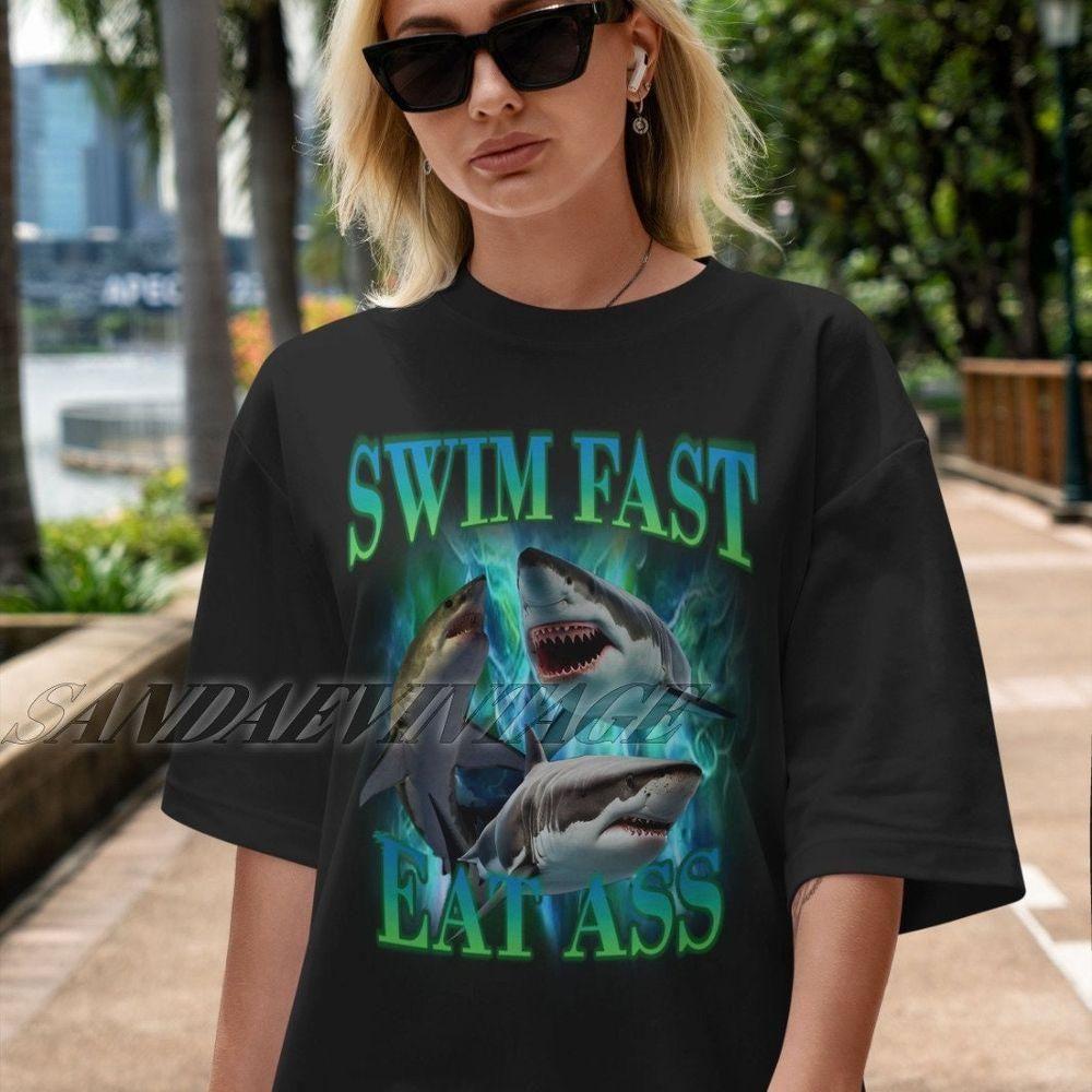 Swim Fast Eat Ass Funny Sharks Vintage Vuitino Shirt Swim Fast Eat Ass Funny Sharks Vintage Vuitino Shirt